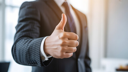 Confident businessman giving thumbs up in modern office