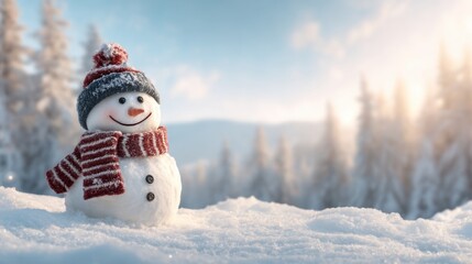 Fototapeta premium A snowman with a red and white scarf and a blue hat is standing in the snow. The scene is peaceful and serene, with the snowman looking happy and content
