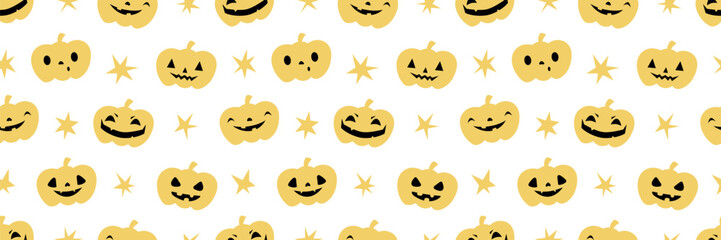 Cute Halloween pumpkins create a seamless pattern with spooky cartoon faces on white background. Perfect fall wallpaper with playful jack-o-lanterns and autumn vibes. Vector illustration