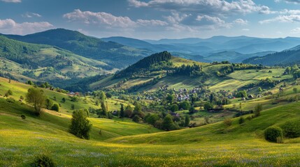 A beautiful, lush green field with a small village in the distance. The sky is clear and the sun is shining, creating a peaceful and serene atmosphere