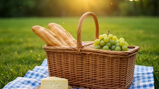 Picnic basket with fresh bread grapes and cheese on a checkered blanket in a park. Idyllic summer setting for outdoor leisure during a beautiful golden hour sunset