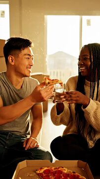 Couple Enjoying Pepperoni Pizza During Move In Day With Sunlit Background Boxes Stacked Inside New Home