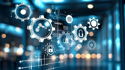 Futuristic Technology Network - Digital Gear Icons and Connected System Symbols
