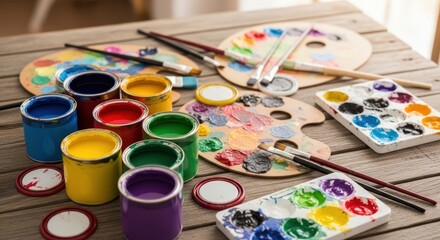 Colorful paint cans and 's palettes are displayed on a weathered wooden surface, with brushes scattered around, showcasing the tools needed for artistic creation and a vibrant painting process that...