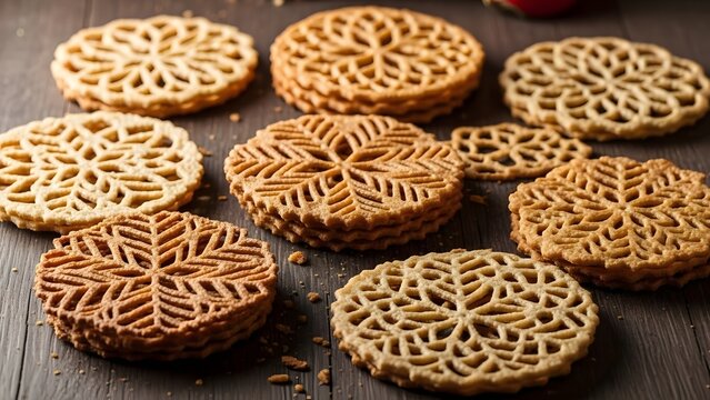 Traditional kuih ros or rose cookies stacked and scattered on a dark wooden surface