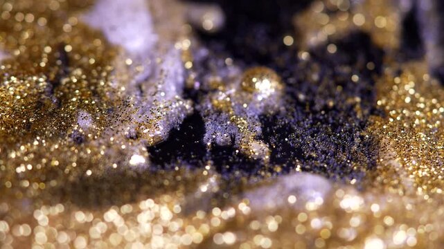 Abstract gold glitter bokeh background video with flowing liquid texture and soft shimmering lights. Luxury cinematic backdrop for premium branding, advertising and elegant video projects.