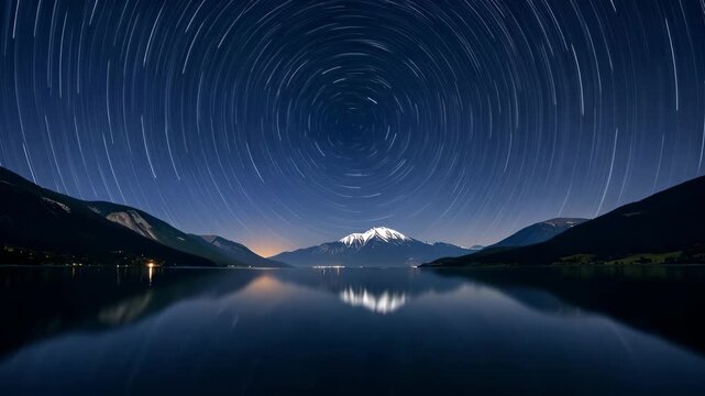 Stunning time lapse of circular star trails rotating over a mountain lake at night. Long exposure astrophotography showing earth's rotation with reflections in calm water