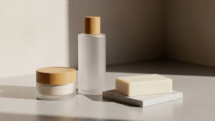 Bottle of lotion sits on a counter next to a bar of soap and a small jar. for mock up