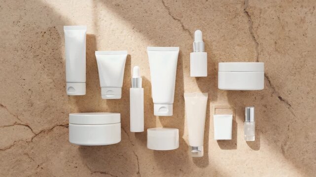 White skincare products arranged on textured natural background  