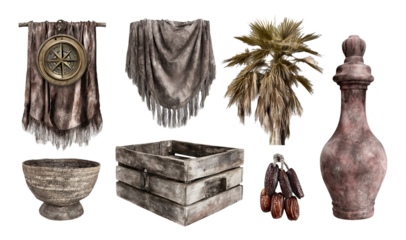 Rustic Eastern Caravan Cultural Set with Weathered Illustrative Elements