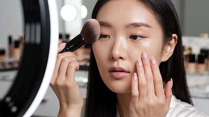A beautiful young Asian woman meticulously applies makeup to her face using a soft brush and her fingers, illuminated by a professional ring light, creating engaging content for a beauty tutorial or . - Powered by Adobe