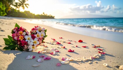 Romantic heart-shaped frangipani flower bouquet and rose petals on sandy tropical beach at sunset.