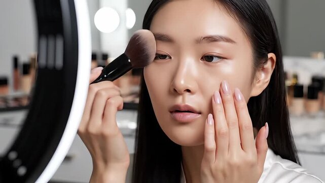 A beautiful young Asian woman meticulously applies makeup to her face using a soft brush and her fingers, illuminated by a professional ring light, creating engaging content for a beauty tutorial or .