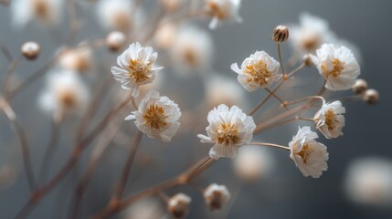 A close up of a bunch of white flowers with a blue background. The flowers are small and delicate, and the blue background adds a sense of calmness and serenity to the image