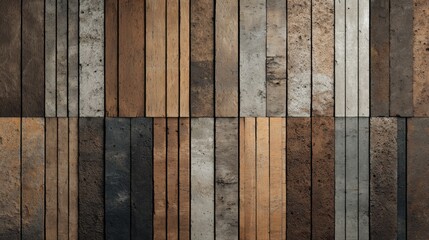A wall made of bricks and wood with a brown and gray color scheme. The wall is made up of many different colored bricks and wood pieces