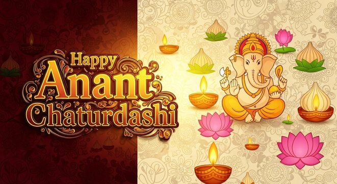 Happy Anant Chaturdashi Festival &ndash; Lord Ganesha Blessings, Diyas & Lotus Flower Decorations India
