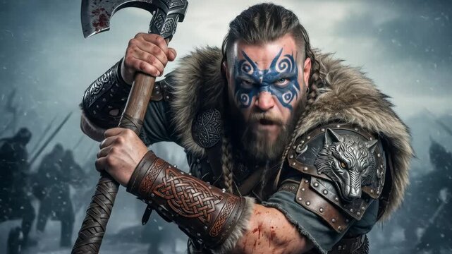 Caucasian man viking warrior with battle ax ready for war, concept for historical battles or military themes.