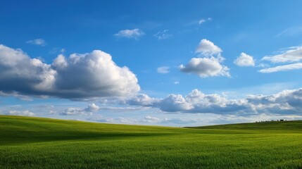 Obraz premium A large field of grass with a blue sky and clouds. The sky is clear and the clouds are scattered, giving the impression of a peaceful and serene landscape