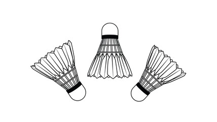 Three badminton shuttlecocks in a black and white illustration silhouette