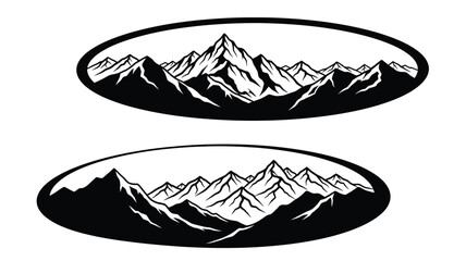 Mountain range landscapes within oval frames a striking black and white silhouette