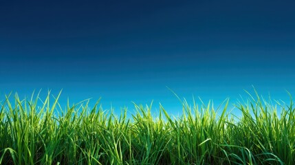 Obraz premium A field of green grass with a blue sky in the background. The grass is tall and lush, creating a peaceful and serene atmosphere