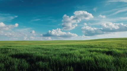Fototapeta premium A large field of grass with a clear blue sky above. The sky is dotted with clouds, giving the scene a peaceful and serene atmosphere