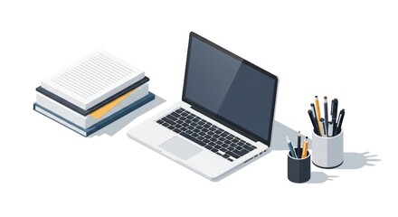 A collection of essential office supplies and educational tools are presented, featuring a laptop computer, a stack of notebooks, and several pencil holders filled with pens and pencils, all set...