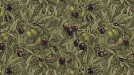 Olive tree branches with green and black olives seamless pattern background texture