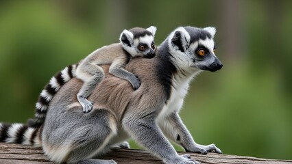Fototapeta premium Ring-tailed lemur with baby on back in natural habitat.