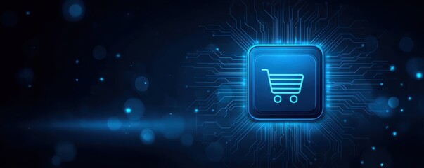 Secure online shopping with intelligent AI technology. A glowing digital shopping cart icon amidst a dark background with circuit patterns, symbolizing e-commerce and technology.