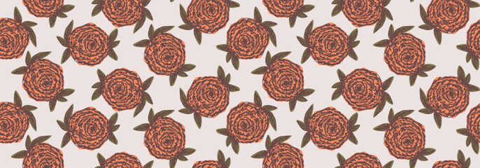Muted red, green and beige brown floral seamless pattern with ink hand drawn sketch daisy marigold flowers collage. Cute orange and outline black boho botanical print for textile, wrapping paper