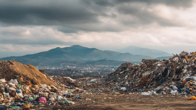 A mountain range is visible in the background of a landfill. The mountains are covered in clouds, giving the scene a moody and somber atmosphere. The landfill is filled with trash