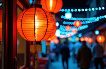 Red paper lanterns glowing along a bustling nighttime street with bokeh lights