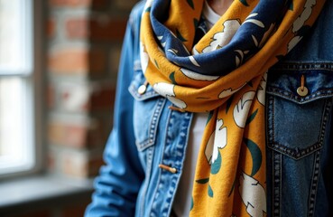 Woman wearing denim jacket and mustard floral scarf near soft window light