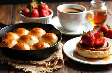 Bread rolls and pancake with strawberries served with hot coffee on wooden table