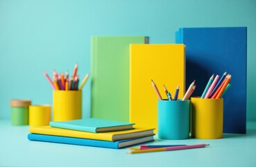 Colorful notebooks and pencils arranged on a pastel background for stationery