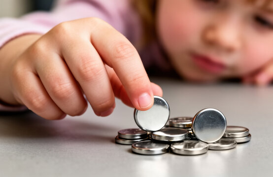 Child stacking button batteries on a table while watching with careful focus