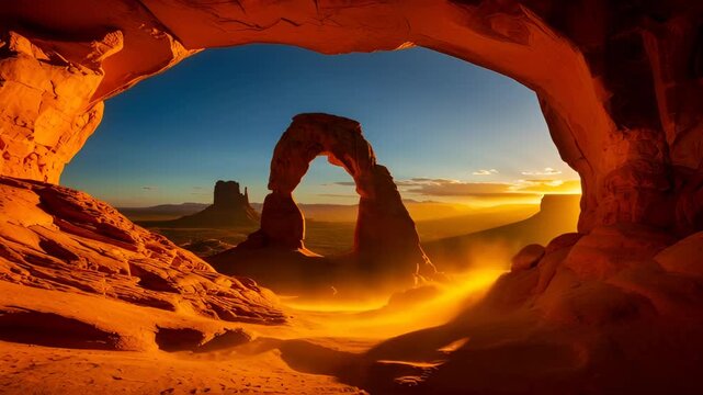 Composite image showing a time lapse sequence of sunrise at the famous delicate arch. Iconic utah landmark in arches national park with red rock desert landscape glowing in warm light