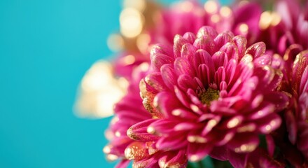 Pink chrysanthemums with gold glitter on petals against turquoise background