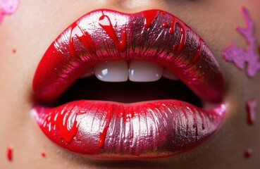 Obraz premium Glossy red lips with dripping paint and metallic sheen in tight closeup