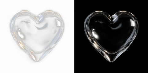 Single glossy glass heart on a black background, elegant transparent 3D shape with warm reflections, ideal for luxury love, romance, wedding and Valentine&rsquo;s Day designs.