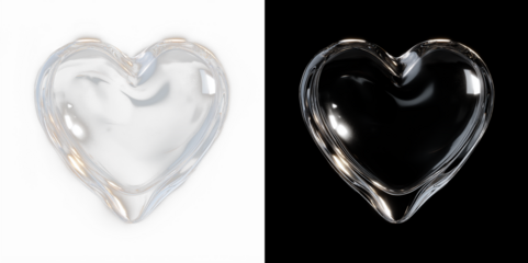Single glossy glass heart on a black background, elegant transparent 3D shape with warm reflections, ideal for luxury love, romance, wedding and Valentine’s Day designs.
