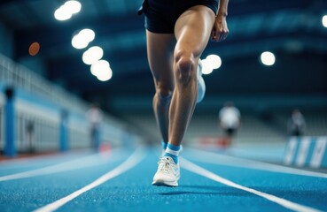 Runner sprinting on indoor track with focused stride and powerful athletic legs