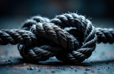 Fototapeta premium Thick weathered rope knot resting on gritty surface with shallow depth of field