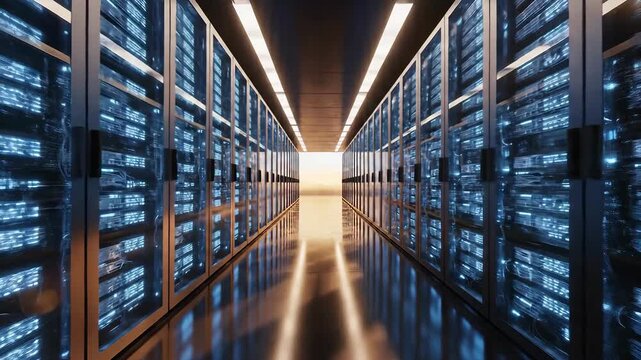 A breathtaking long shot of a modern, high-tech data center corridor, showcasing endless rows of glowing blue server racks, symbolizing advanced computing, digital infrastructure, and the immense pow.