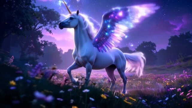 Majestic Winged Unicorn: Fantasy Creature in Enchanted Meadow at Twilight