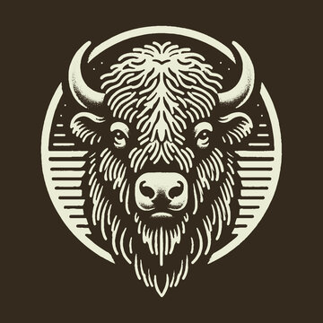 Bison Head Illustration: Majestic Animal Portrait in Circular Design.