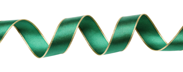 Vibrant Spiraled Emerald Green Satin Ribbon with Shiny Gold Edges, Curly Festive Gift Wrap Decor Isolated on Transparent and White Background