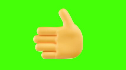 A 3D right hand making a thumbs-up gesture on a bright green screen background. This universally recognized icon symbolizes approval, a like, or agreement. The green background is used for easy video 