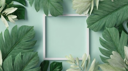 A white frame with a green background and a green leaf in the middle. The frame is empty